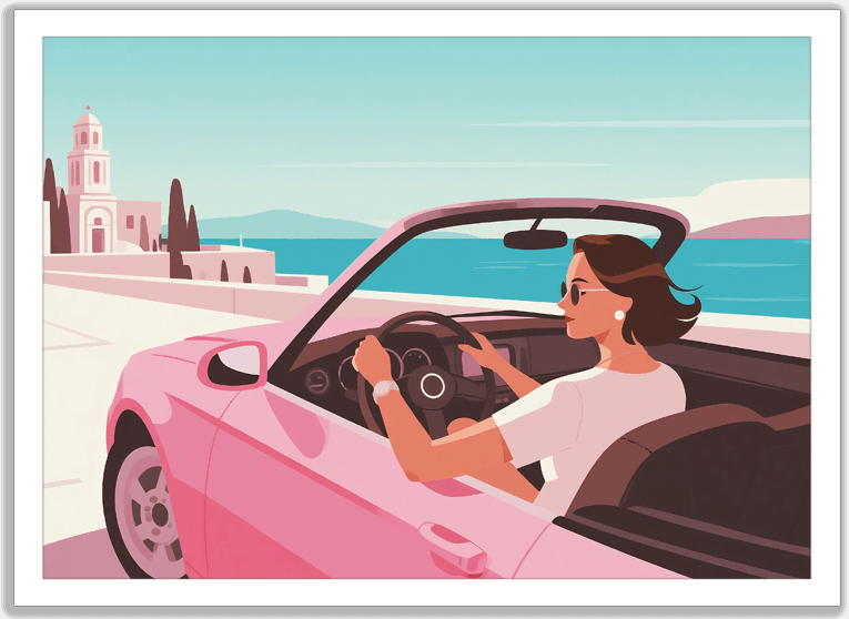 ピンクのスポーツカーでドライブ