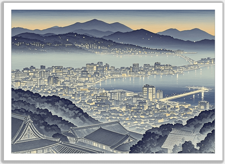 夜の湾岸都市を俯瞰