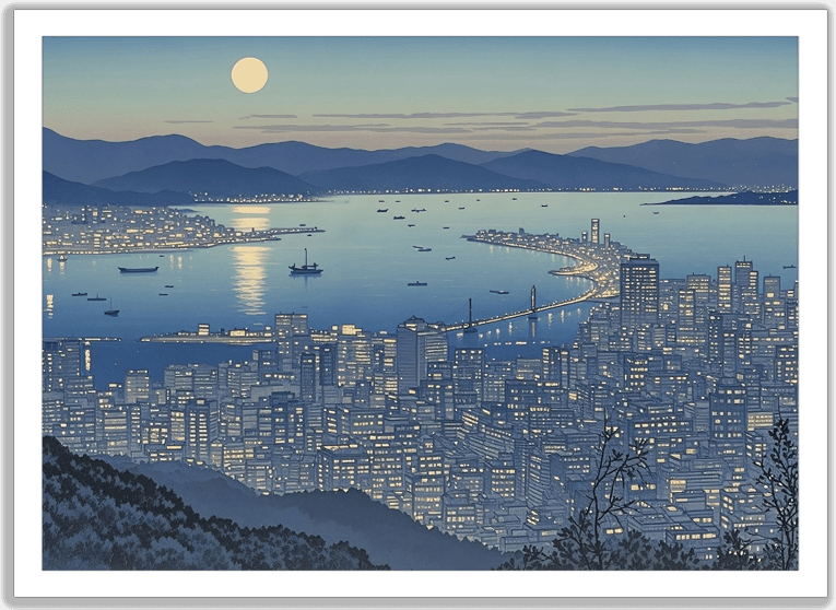 月光に煌めく海面と瞬く街灯