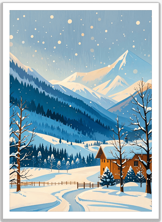 山麓の冬の景色と小さな家