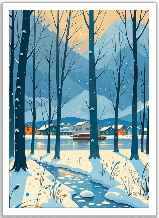 夕灯りの冬森の道