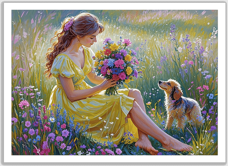 女性と子犬の花摘み