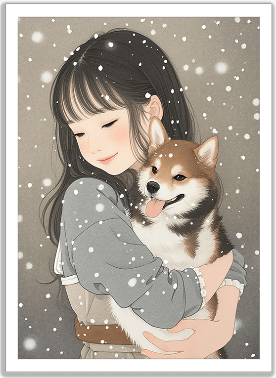 柴犬を抱く雪の少女