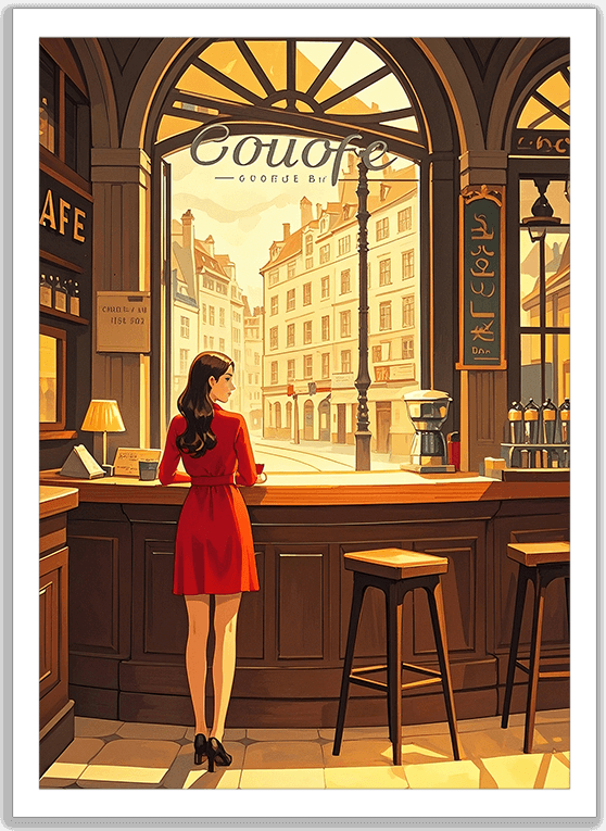 窓辺の赤い服の女性