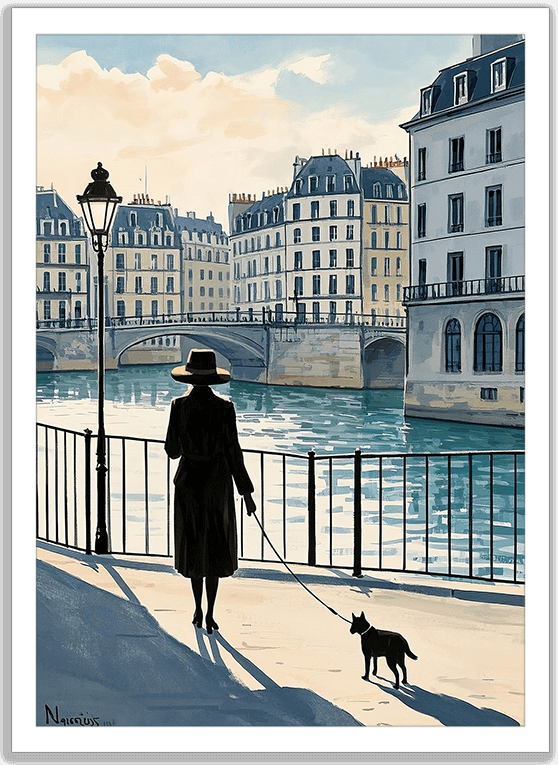 セーヌ川と女性と犬
