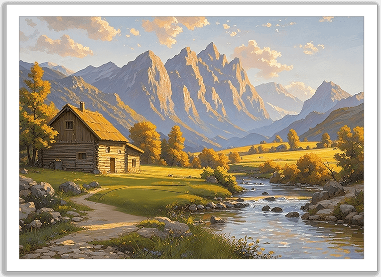 山小屋と渓流の風景