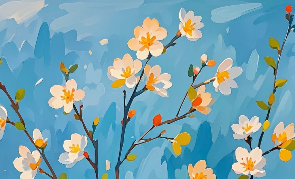 春の白花を描いたデジタルアートのディテール