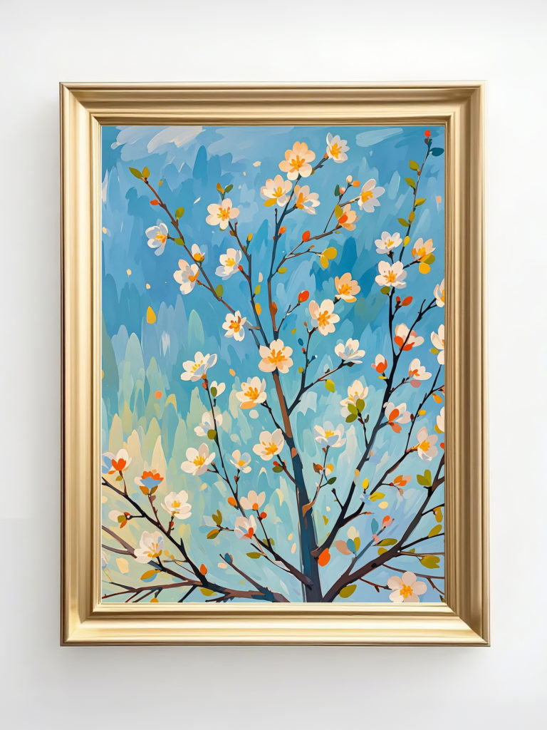 リビングに飾った春の白花のデジタルアートの使用イメージ