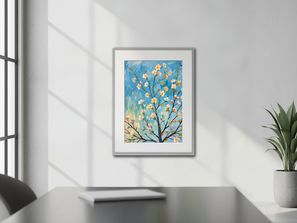 オフィスに飾った春の白花のデジタルアートの使用イメージ