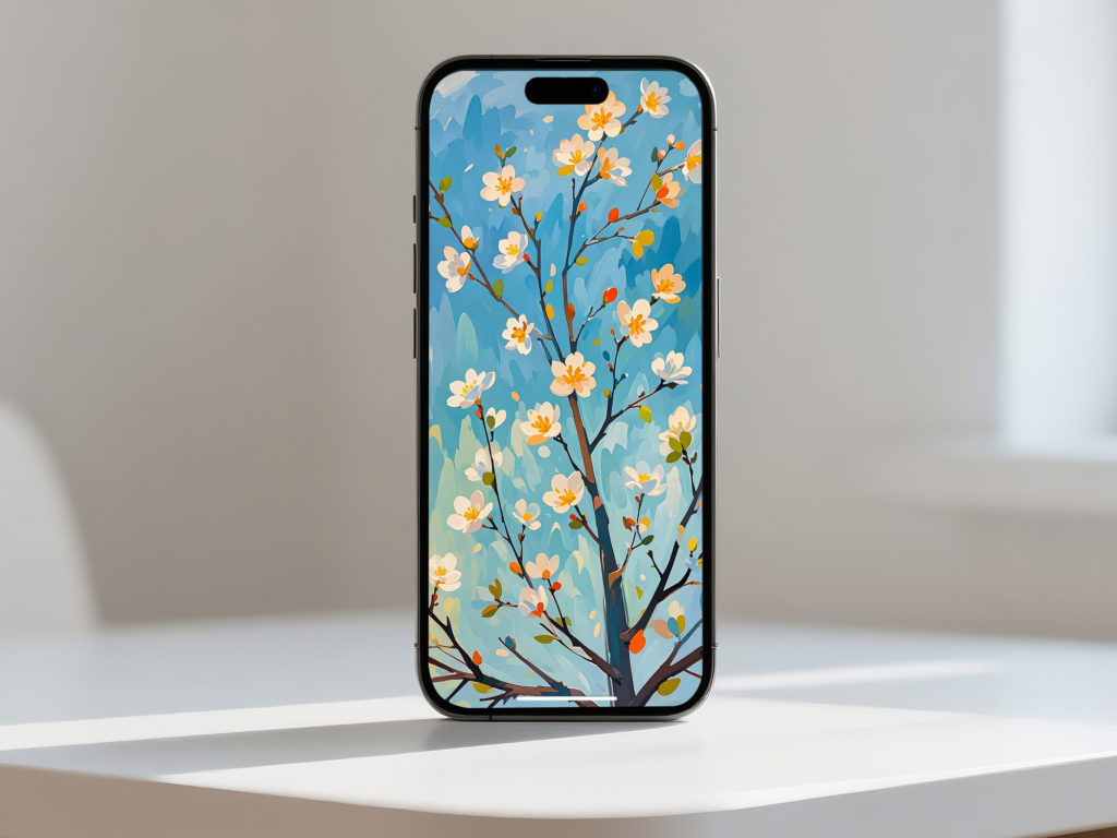 スマホ壁紙にした春の白花のデジタルアートの使用イメージ