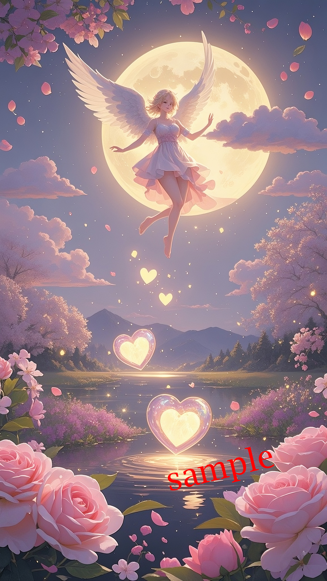 満月の光の中で舞い降りる天使